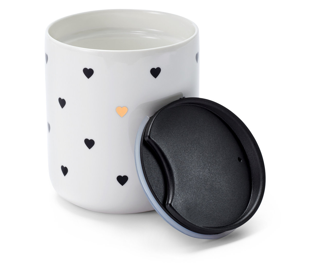 Porzellanbecher mit Deckel, Herzchen.