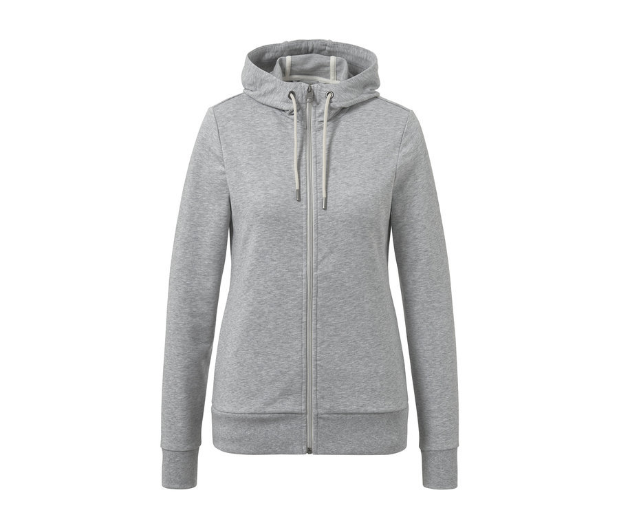 Graue Sweatjacke mit Reißverschluss und Kapuze.