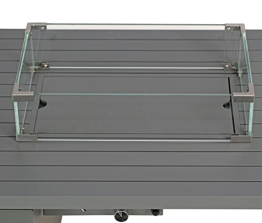 Detailansicht des grauen Buschbeck Loungetisch »Lagos« mit rechteckiger Glasabdeckung in der Mitte.