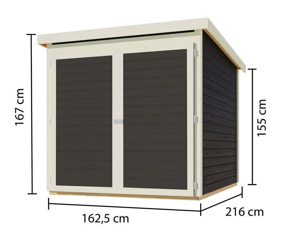 Terragraue Karibu Fahrrad-Garage mit Fahrradschienen und den Massen 167 x 162,5 x 216 cm.