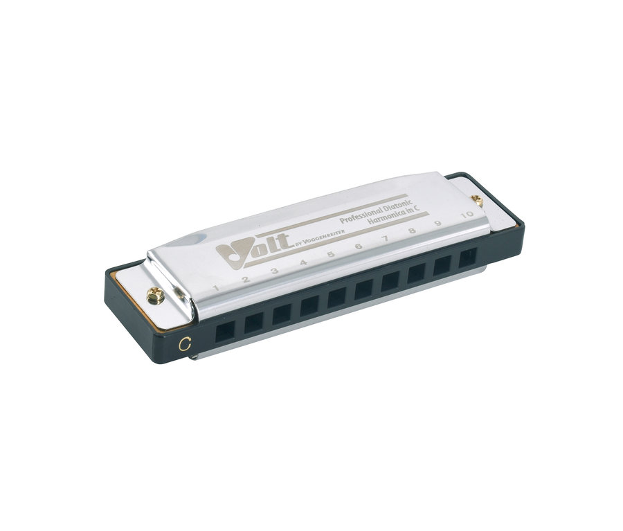 Nahaufnahme einer Voggenreiter Mundharmonika. Sie ist silberfarben mit schwarzen Details und Tonmarkierungen.