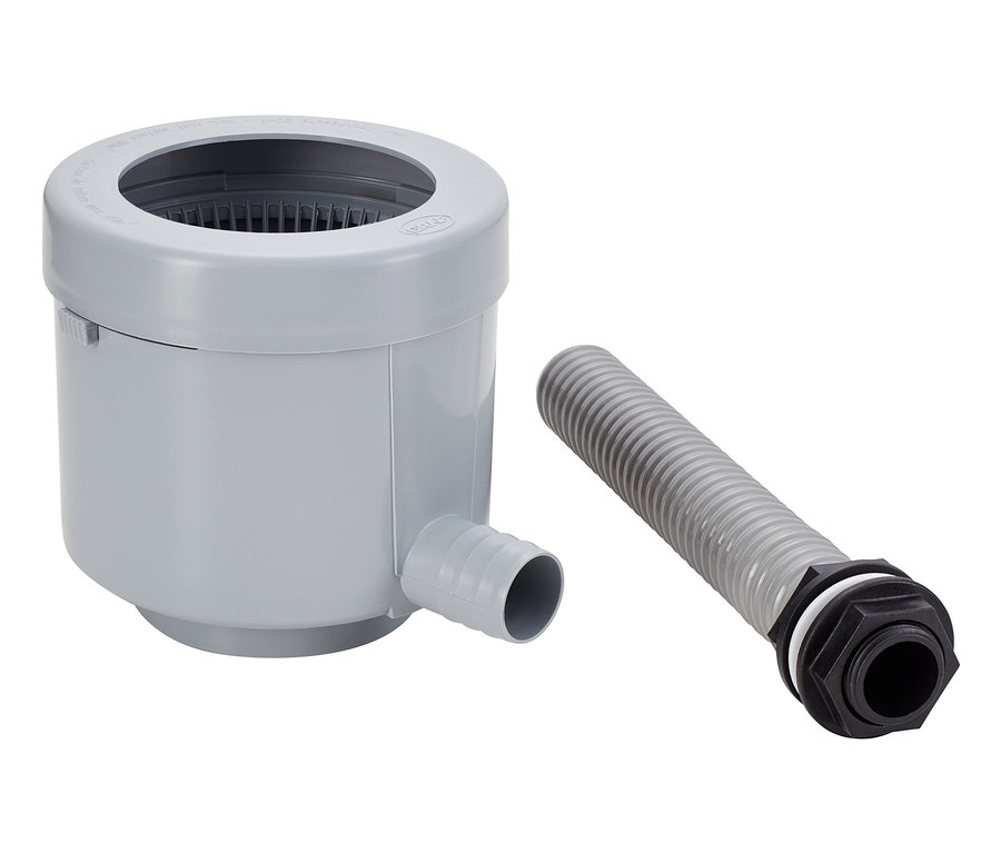 Ein grauer Garantia Filter und ein grauer gewellter Schlauch.