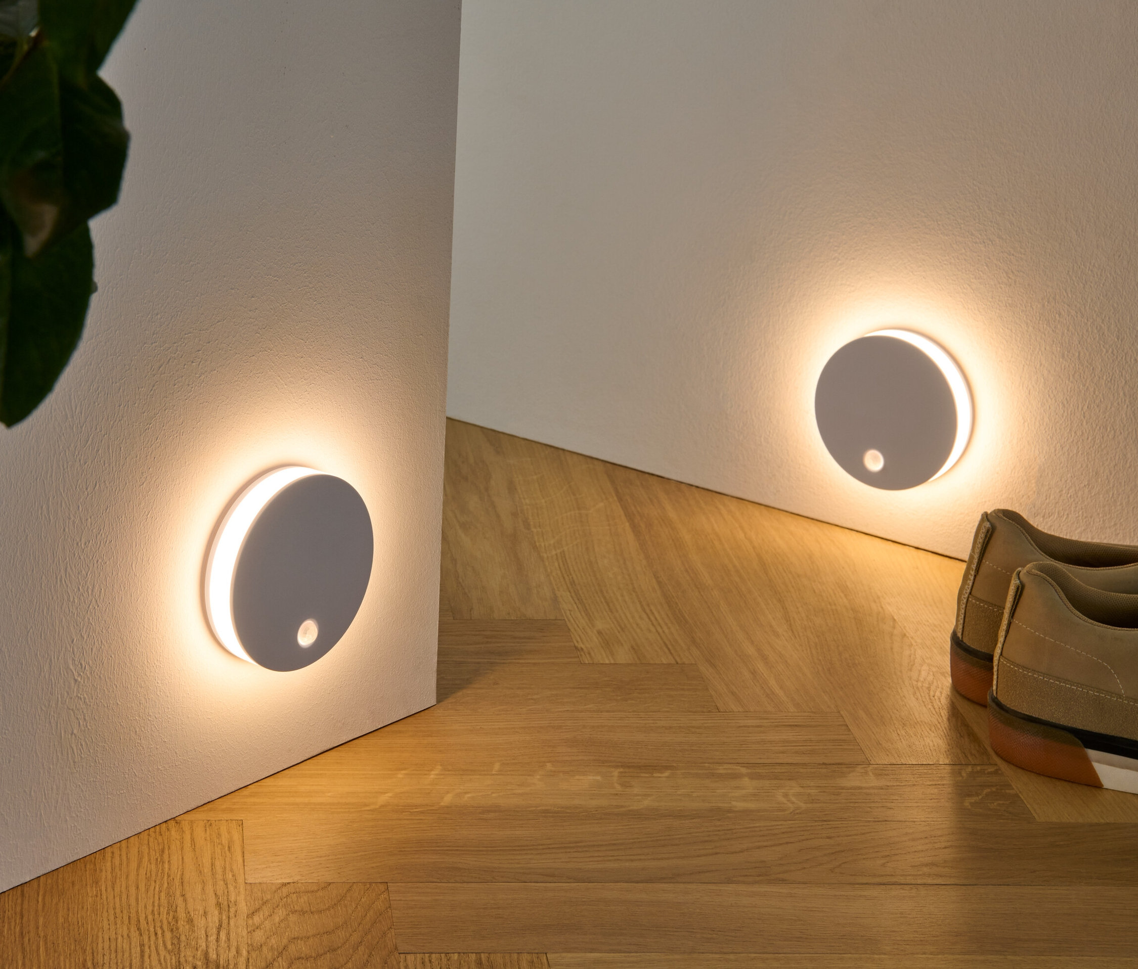 Zwei LED-Multifunktionsleuchten sind an der Wand befestigt, zusammen mit einer Pflanze in einem Weidenkorb und Schuhen auf einem Holzboden.