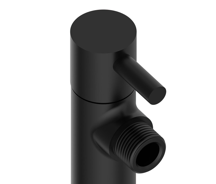 Detailansicht eines schwarzen KIRCHHOFF MS Eckventils mit Rosette.