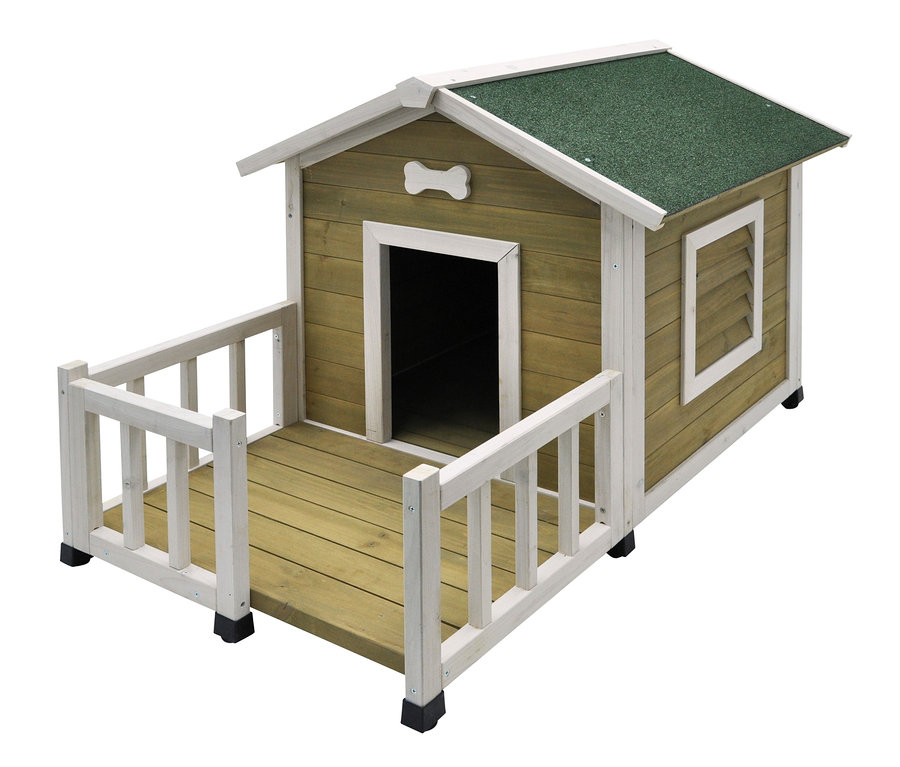 Braune Hundehütte »TALAMONE JAVA« aus Holz mit Terrasse und grünem Dach.