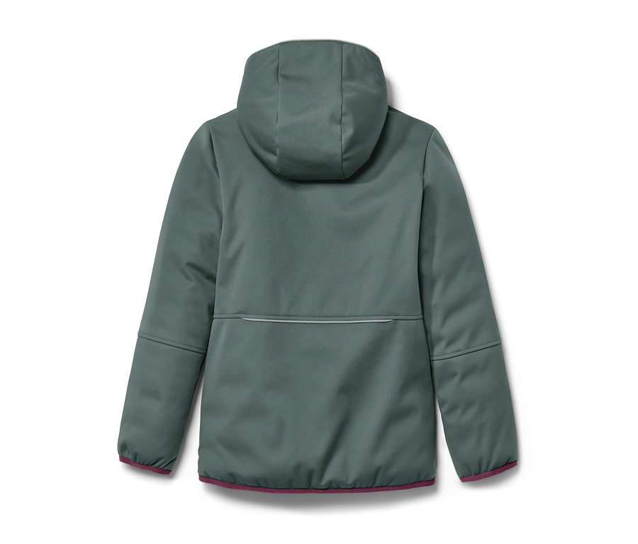 Rückansicht einer 2-in-1-Kinder-Softshell-und-Steppjacke in Graugrün mit Kapuze und violettem Saum.