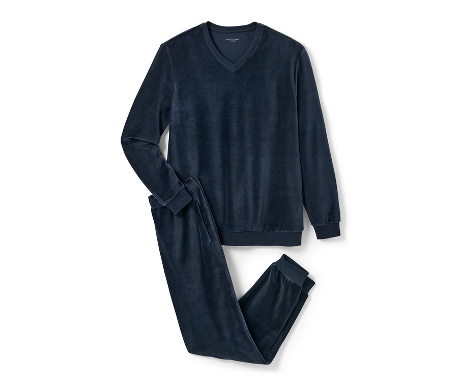 Marineblauer Nicki-Pyjama mit langen Ärmeln und Hosen.