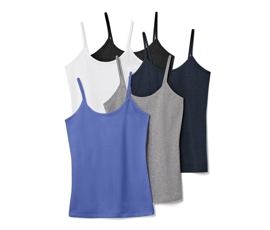 Fünf Spaghetti-Hemdchen in Blau, Grau, Schwarz und Weiß.