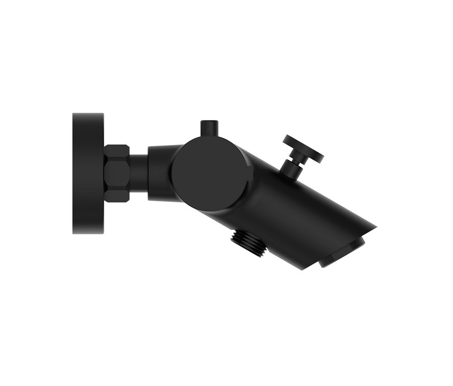 Detailaufnahme einer schwarzen Thermostat-Wannenfüllarmatur »London«, die an einer weißen Wand befestigt ist.