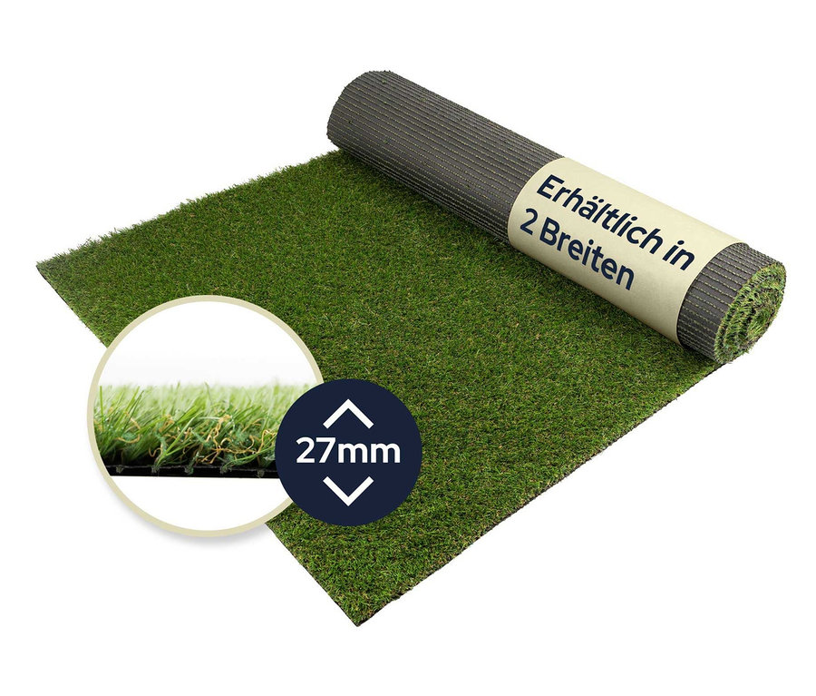 Darstellung von Primaflor Kunstrasen »WOODLAND«, teils ausgerollt und gerollt mit 27 mm Beschreibung.