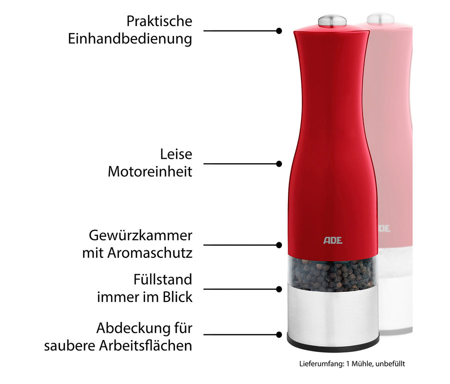 Rote elektrische Salz- und Pfeffermühle ADE mit Beleuchtung.