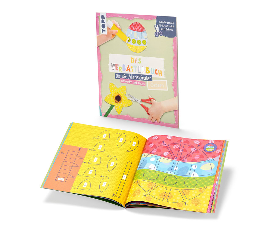 Buch "Das Verbastelbuch für die Allerkleinsten – Ostern" aufgeschlagen, mit bunten Bildern und Ausschneidebögen.