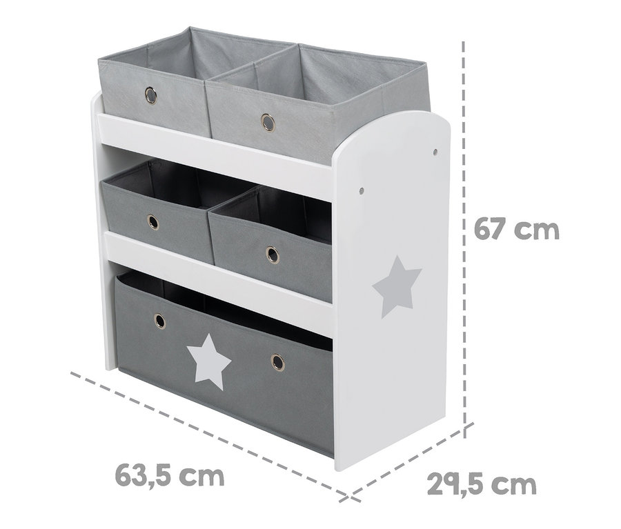 Weißes roba Spielregal »Stars« mit drei Ablagen und sechs grauen Stoffkörben.