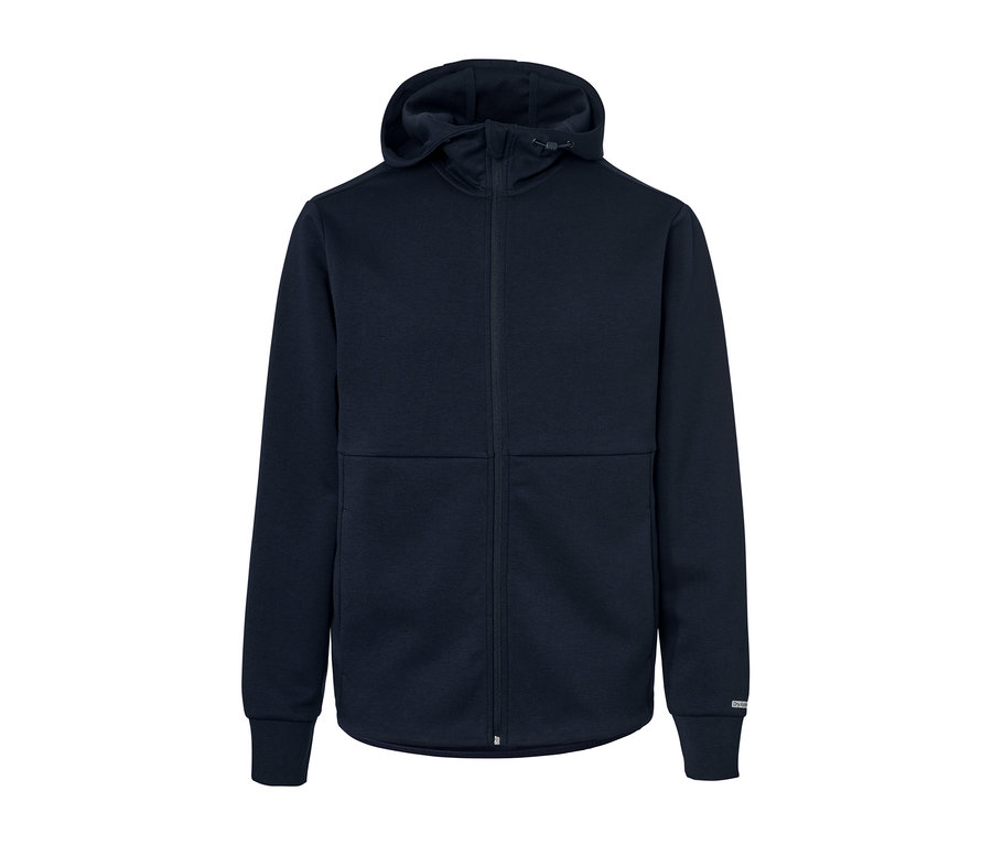 Eine marineblaue Funktionssweatjacke mit Kapuze und Reißverschluss.