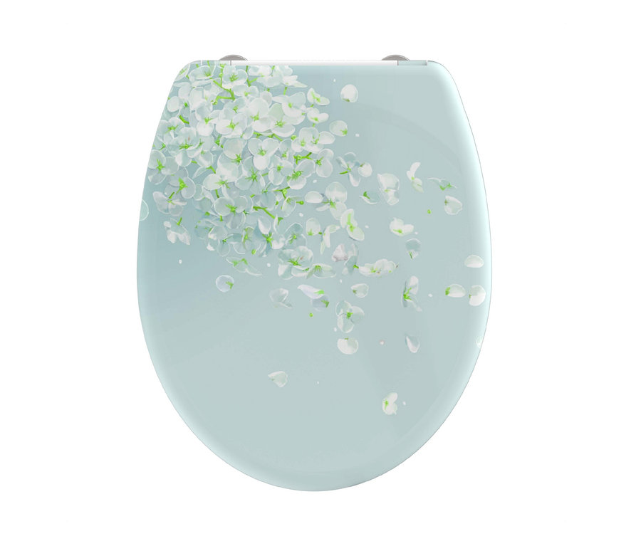 Hellblauer Duroplast WC-Sitz mit Blumenmuster "Flower in the Wind".