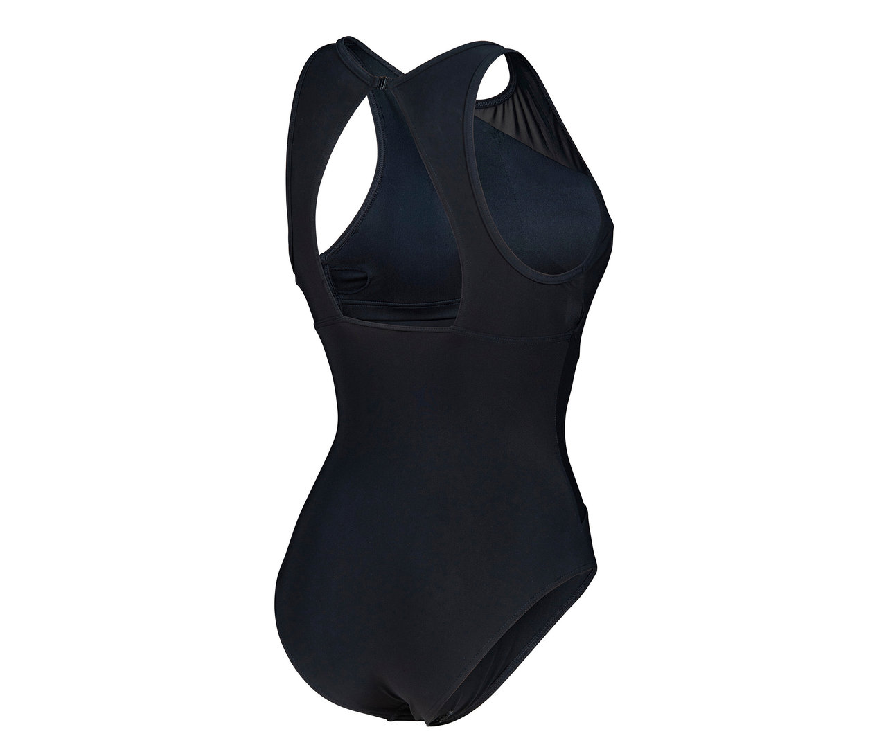 Detailansicht des schwarzen arena Feel Damen Badeanzugs Mesh Angle Vent Back.