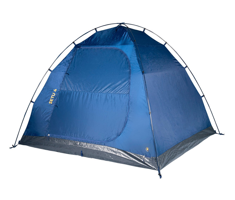 Blaues Tambu 4-Personen-Kuppelzelt »SETU 4« auf weißem Hintergrund.