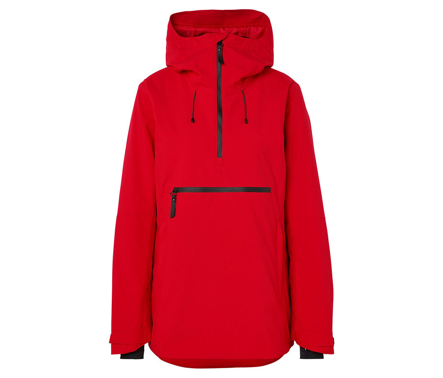 Rote Anorak-Jacke mit Kapuze und schwarzen Reißverschlüssen.