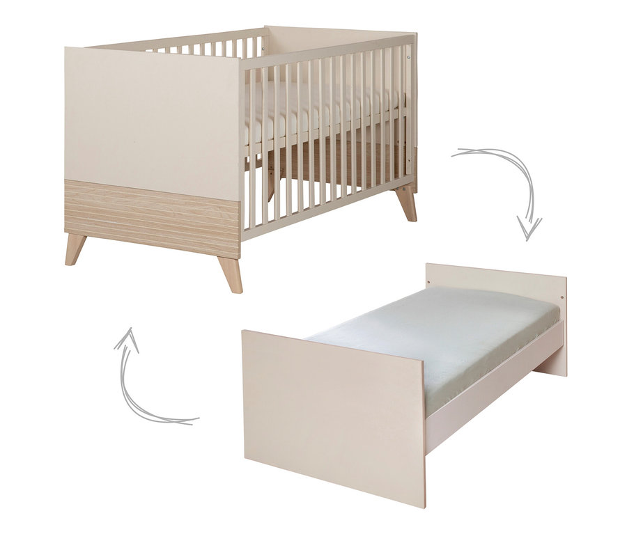 Ein roba Babybett »Sidney«, 70 x 140 cm, in Kaschmir und ein Kinderbett sind mit grauen Pfeilen dargestellt, die die Umwandlung zeigen.