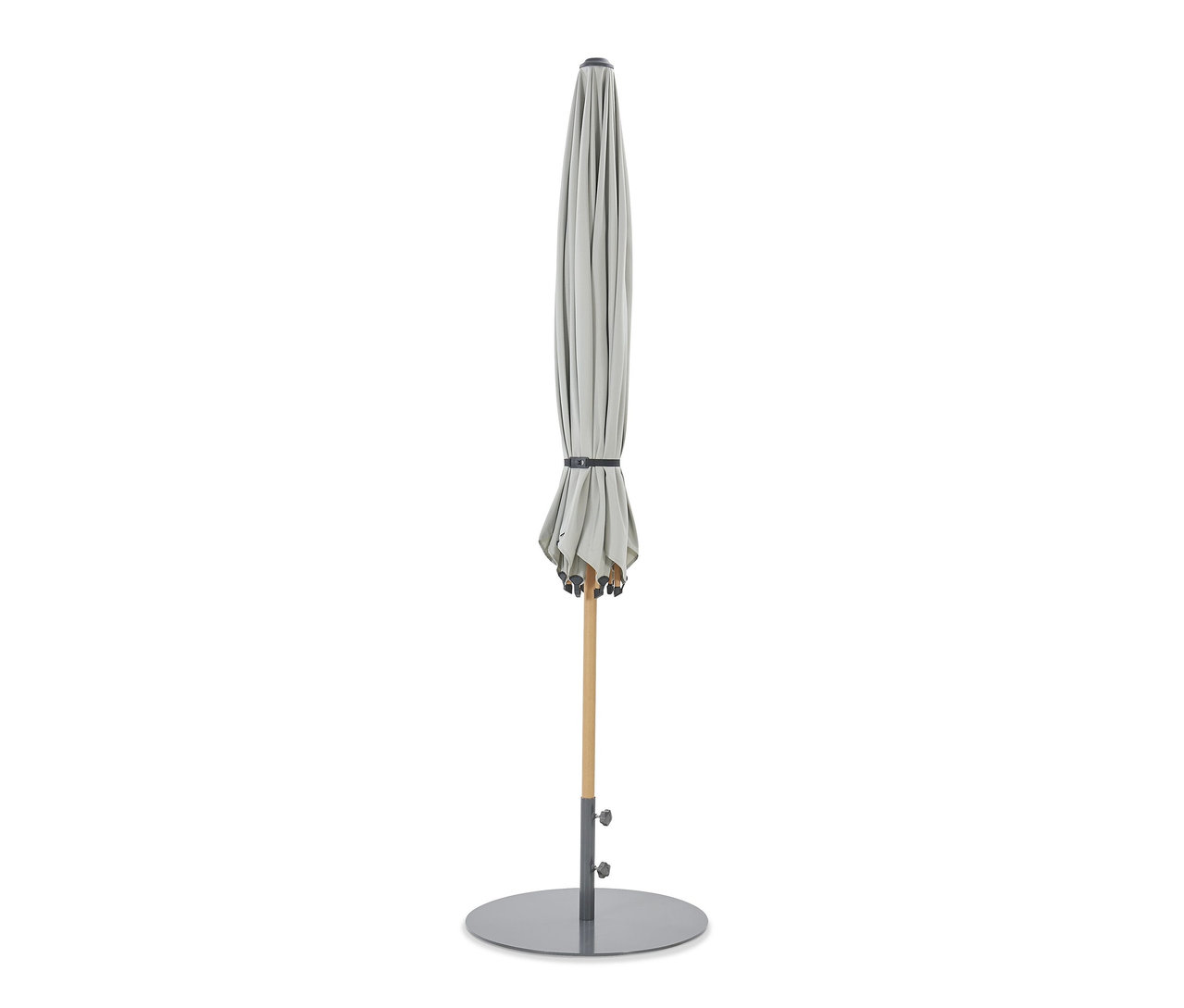 Grauer Leco Marktschirm in Holzoptik mit Abdeckhaube.