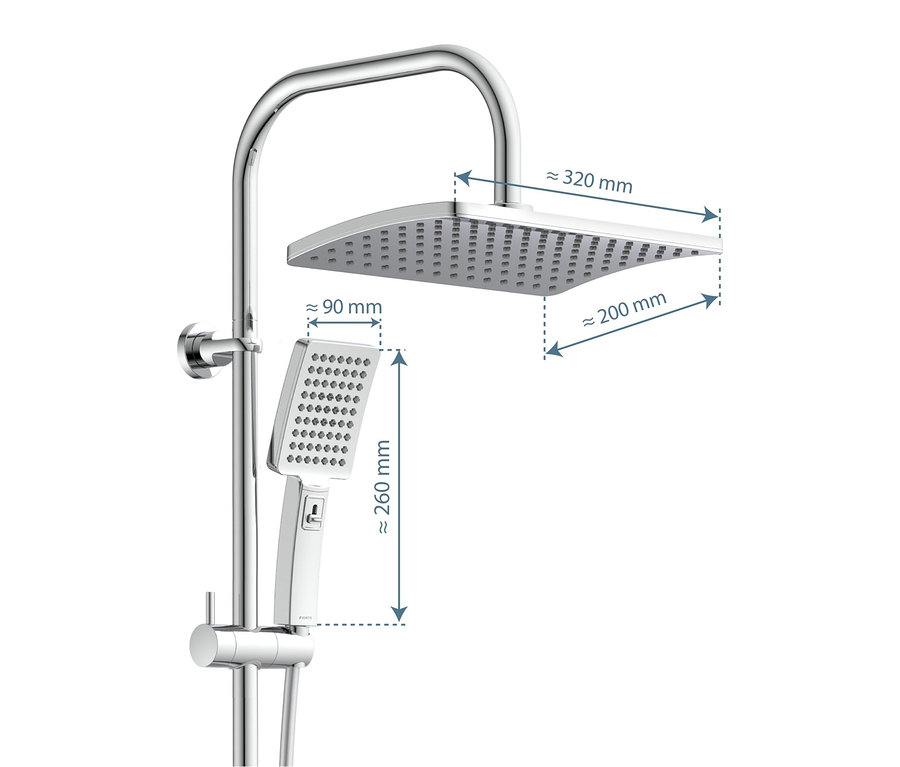 Chromfarbenes Überkopfbrause-Set »Mallorca« mit Kopf- und Handbrause, Maße dargestellt.