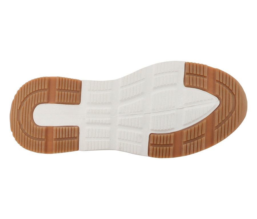 Sohle eines Schuhs mit braunen und weißen Mustern.