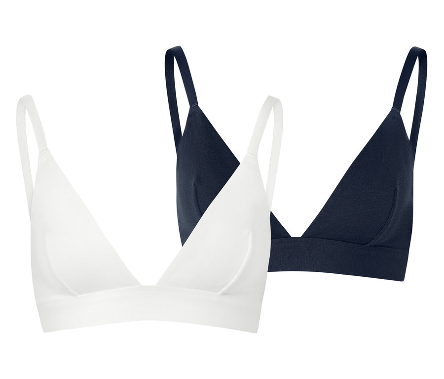 Zwei Triangel-BHs, einer in Weiß und einer in Marineblau, sind vor einem weißen Hintergrund zu sehen.