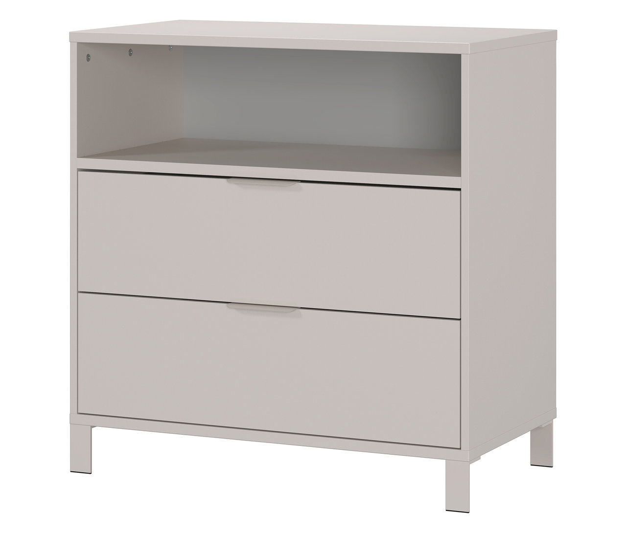 Ein hellgraues Sideboard mit zwei Schubladen und einem offenen Fach.