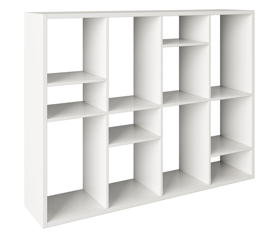 Weißes Regal mit zwölf Fächern unterschiedlicher Größe.