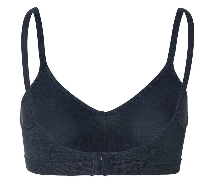 Rückansicht eines schwarzen BHs mit dünnen Trägern und Hakenverschluss.