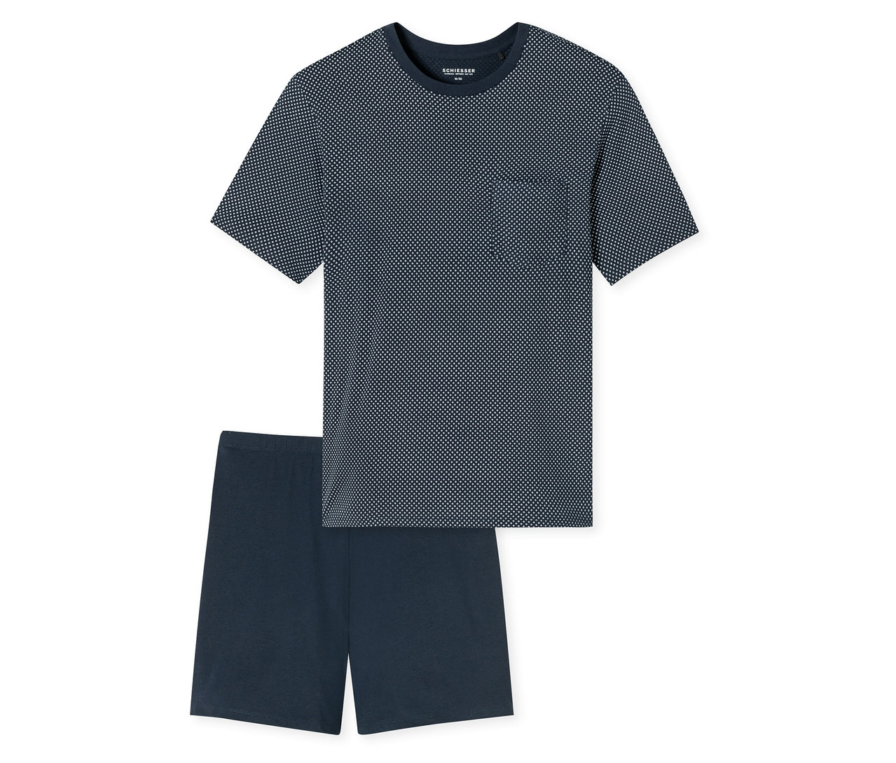 Marineblaues SCHIESSER Shorty-Pyjama-Set mit gepunktetem T-Shirt und Shorts.