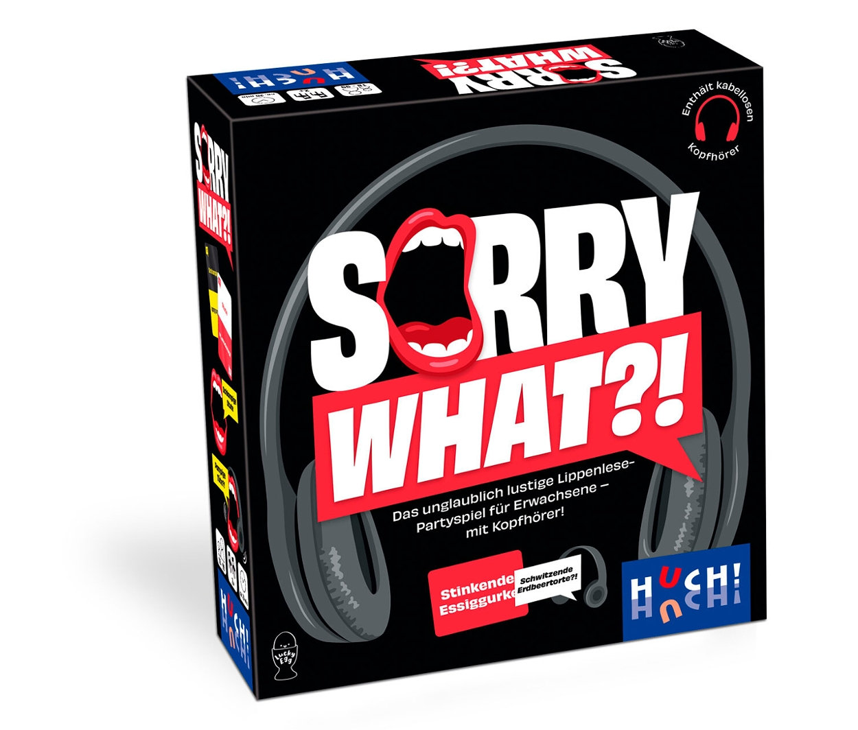 Spielpackung von "Sorry What?!" mit Kopfhörern und lustigen Lippenlese-Partyspiel für Erwachsene.