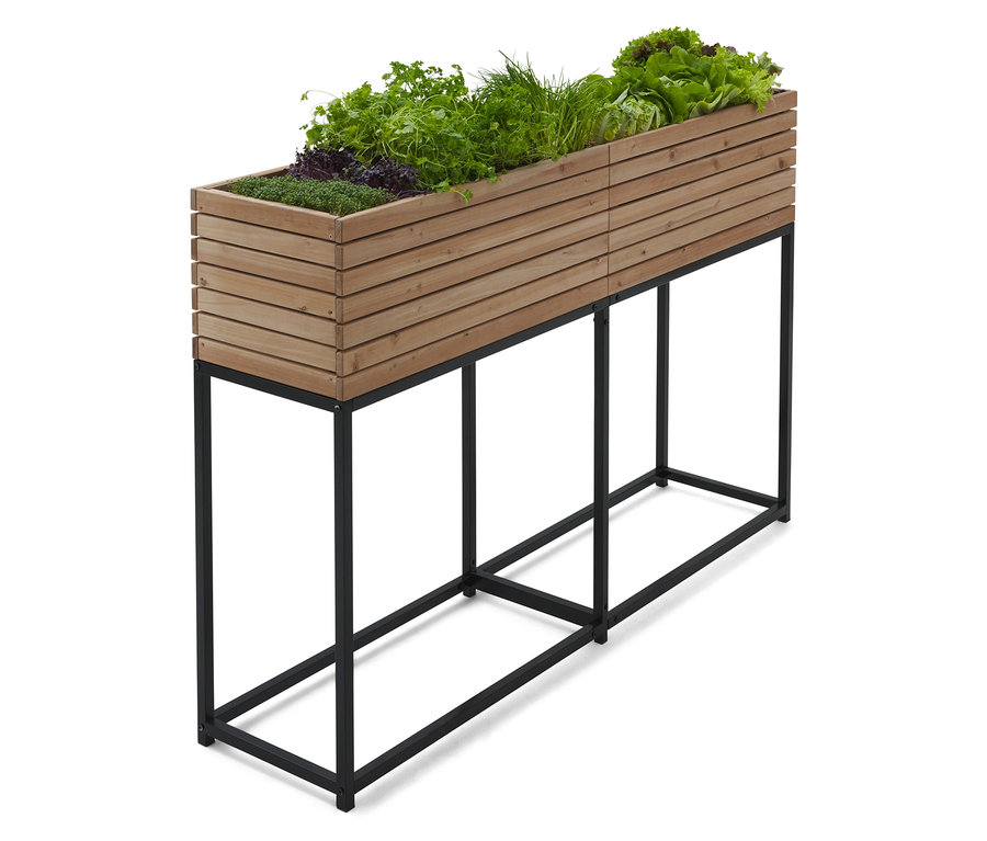 Hochbeet aus Holz mit verschiedenen Kräutern und Salat auf einem schwarzen Metallgestell.