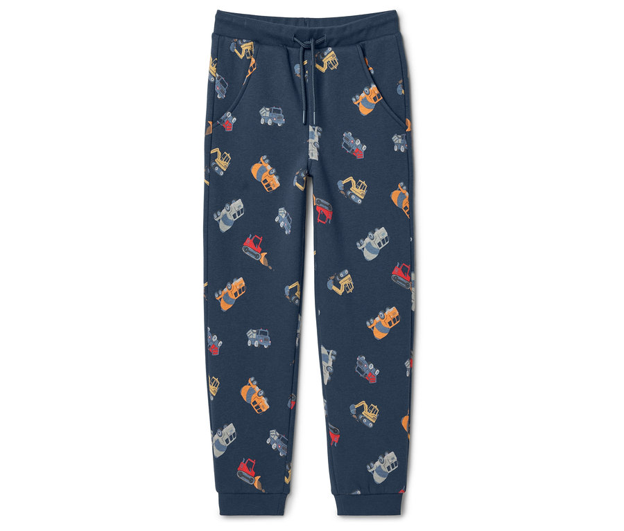 Eine lange marineblaue Jogginghose mit einem durchgehenden Muster aus Baugeräten.