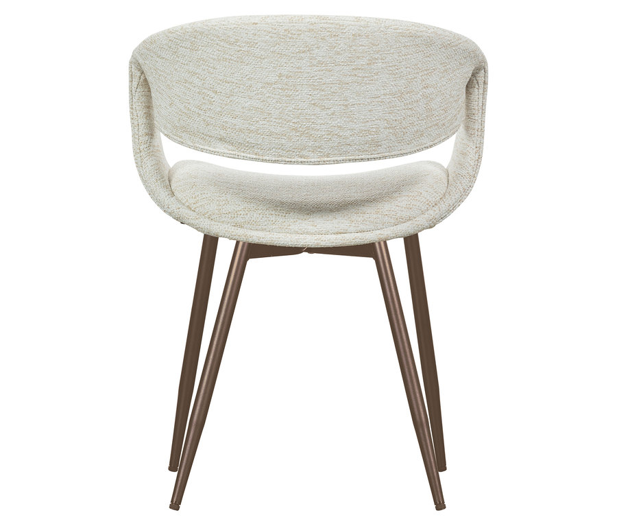 Rückansicht eines WOOOD Esszimmerstuhls »Yossi« mit kupferfarbenem Metallfuß.