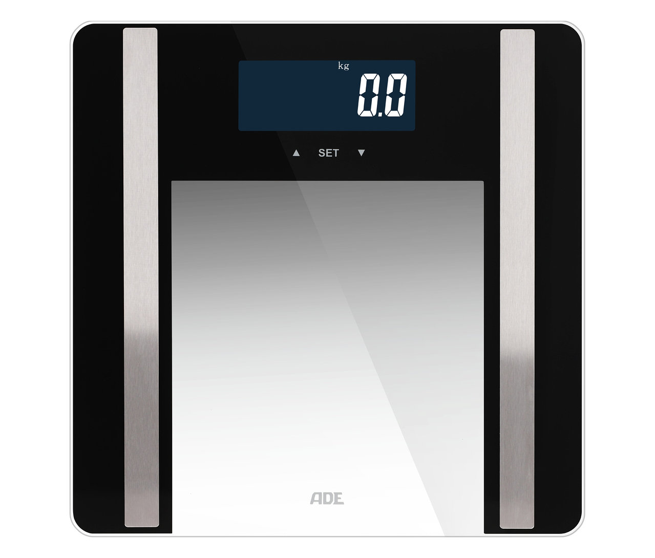 Die digitale ADE Körperanalysewaage »Ines« bis 200 kg mit Display und silberfarbenen Akzenten von oben.