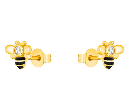 Zwei goldene Ohrstecker in Form von Bienen mit schwarzen Streifen.