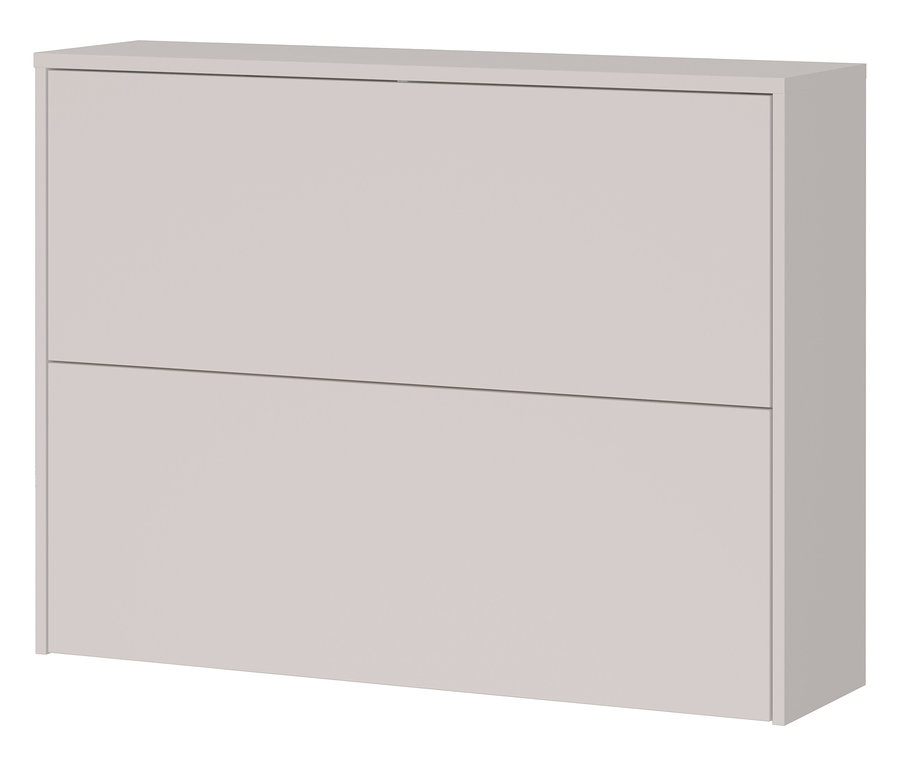 Hellgrauer Schuhschrank mit zwei Fächern vor weißem Hintergrund.