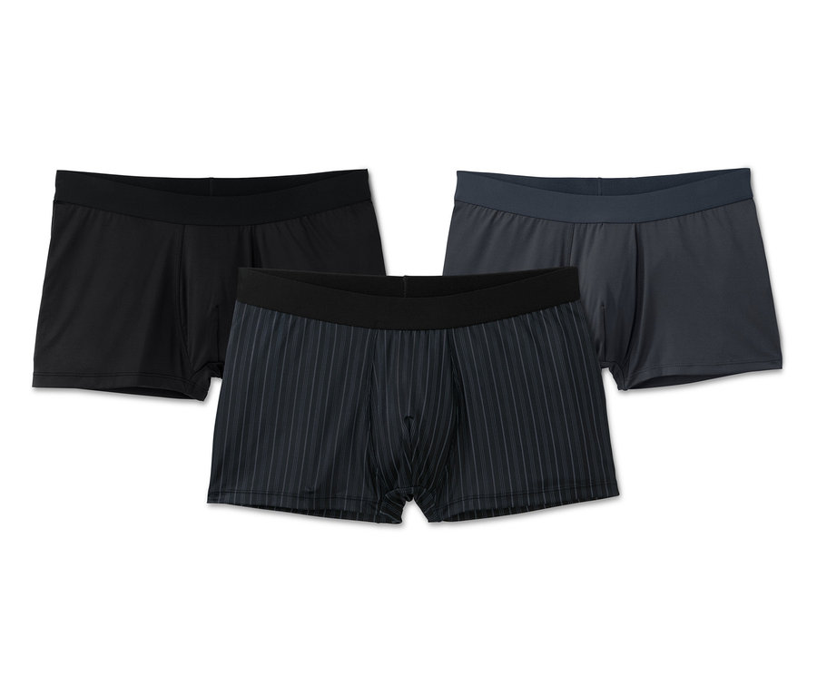 Drei Microfaser-Slipboxer in Schwarz, gestreift und Grau.