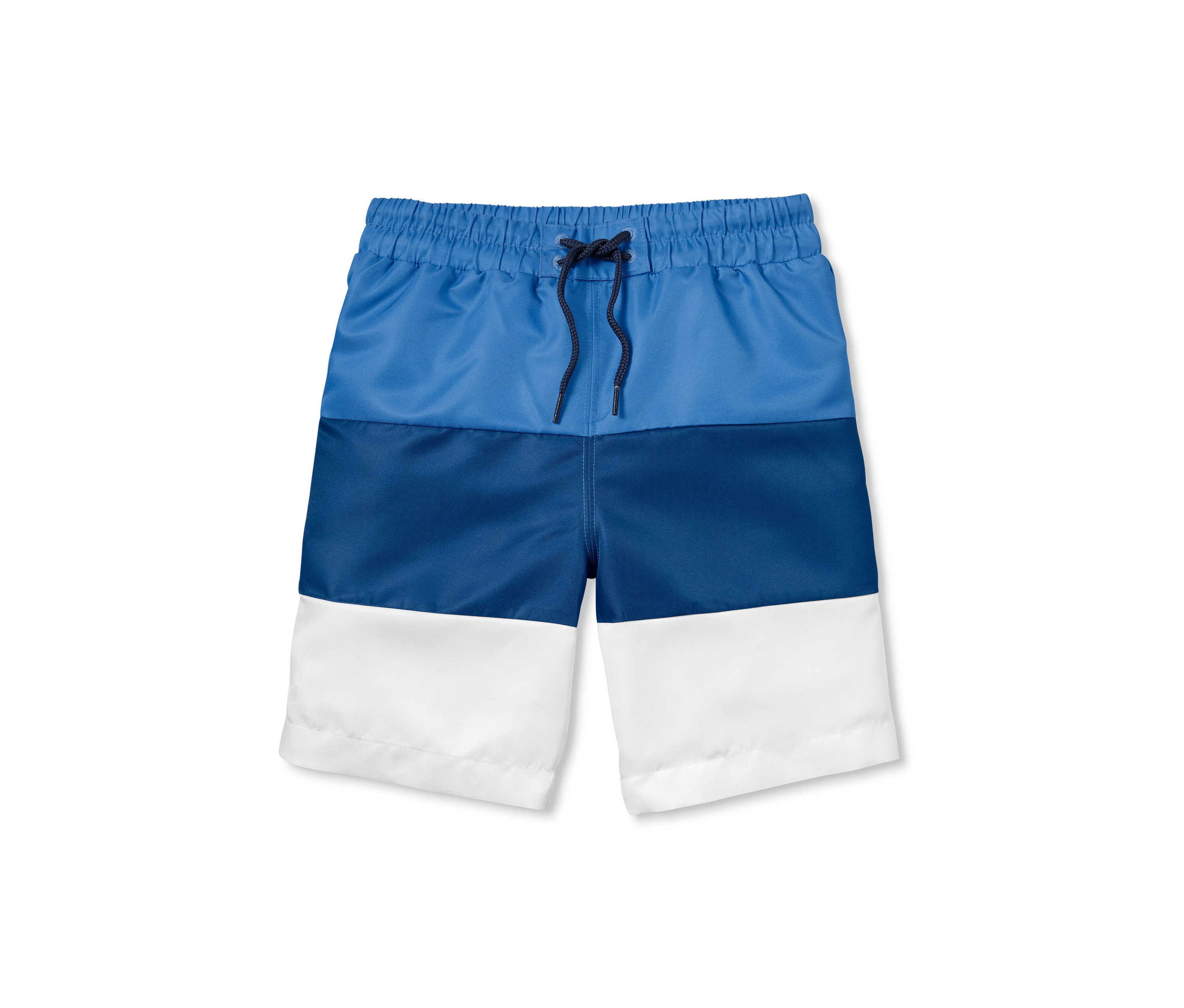 Boardshorts mit blauen und weißen Farbblöcken.