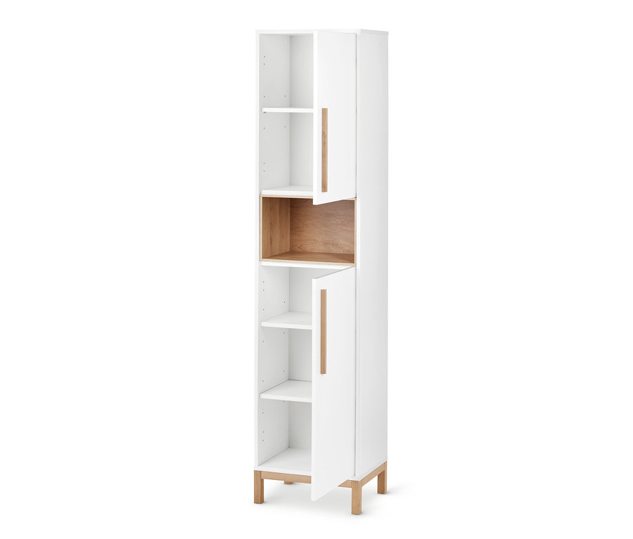 Weißer Bad-Hochschrank »Eklund« mit offenen Türen und Holzdetails.