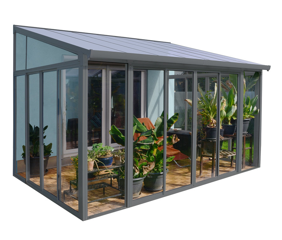 Anthrazitfarbener Wintergarten »San Remo« mit Pflanzen.