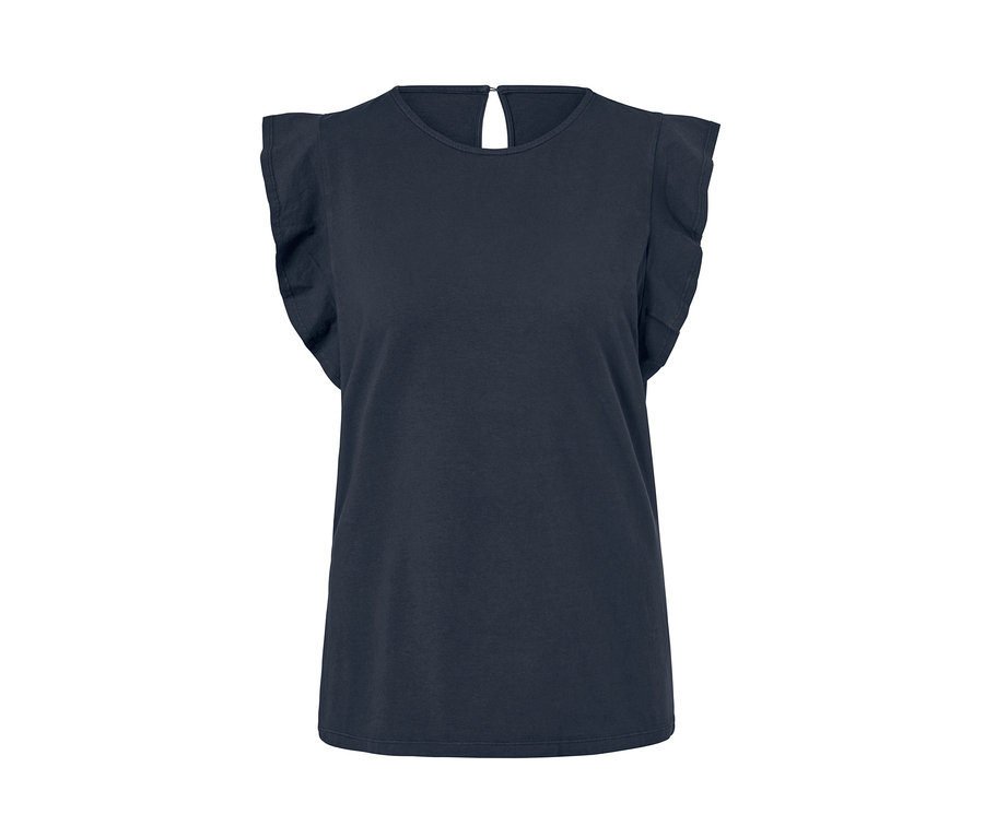 Ein dunkles, marineblaues EarthColors®-Damen-Top mit Rüschenärmeln.