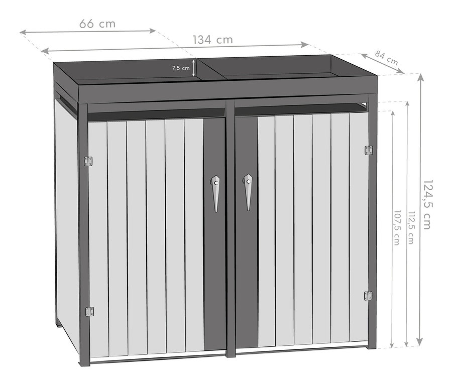 Skizze einer zweifarbigen Mülltonnenbox mit Blumenkasten oben.