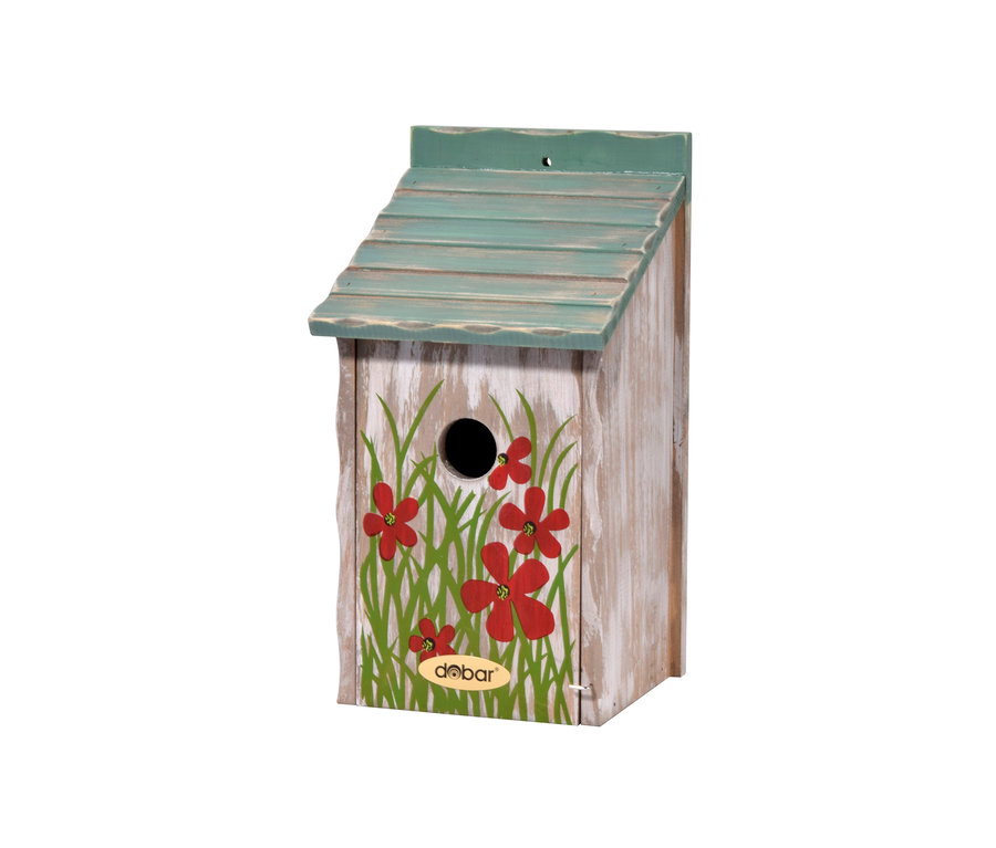 Bunter Dobar-Nistkasten mit Einflugloch, blaugrünes Dach.