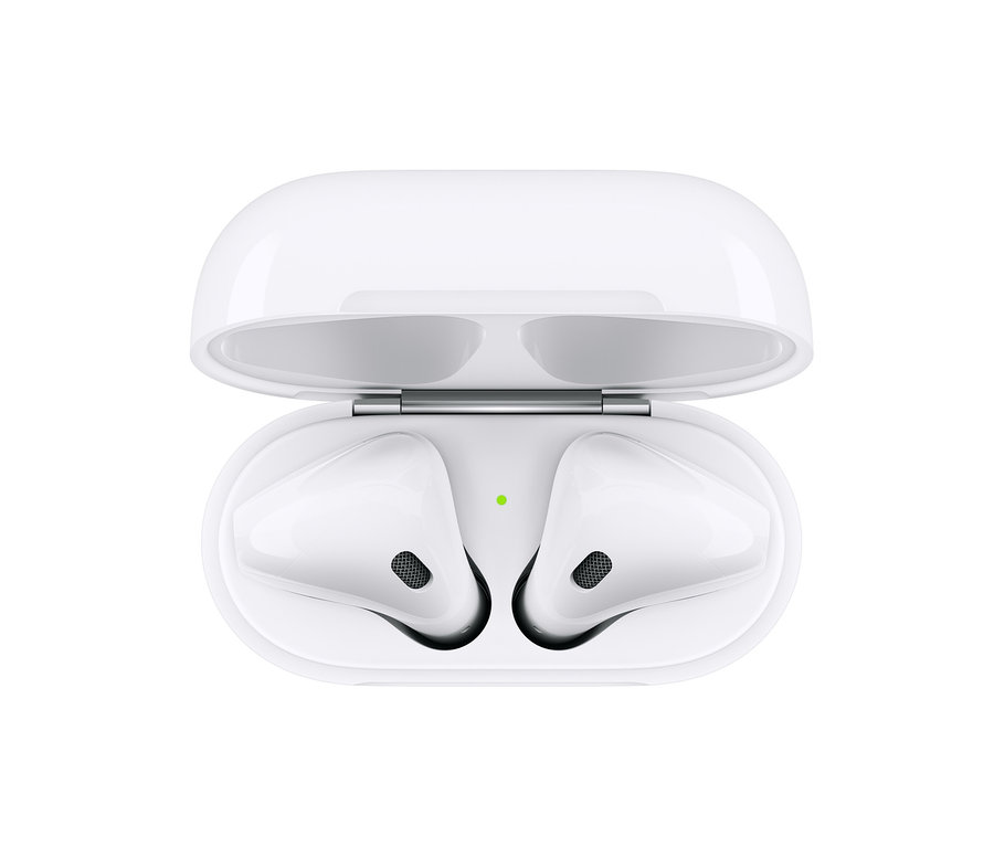 Weißes Gehäuse mit einem Paar weißen Apple AirPods 2. Generation.