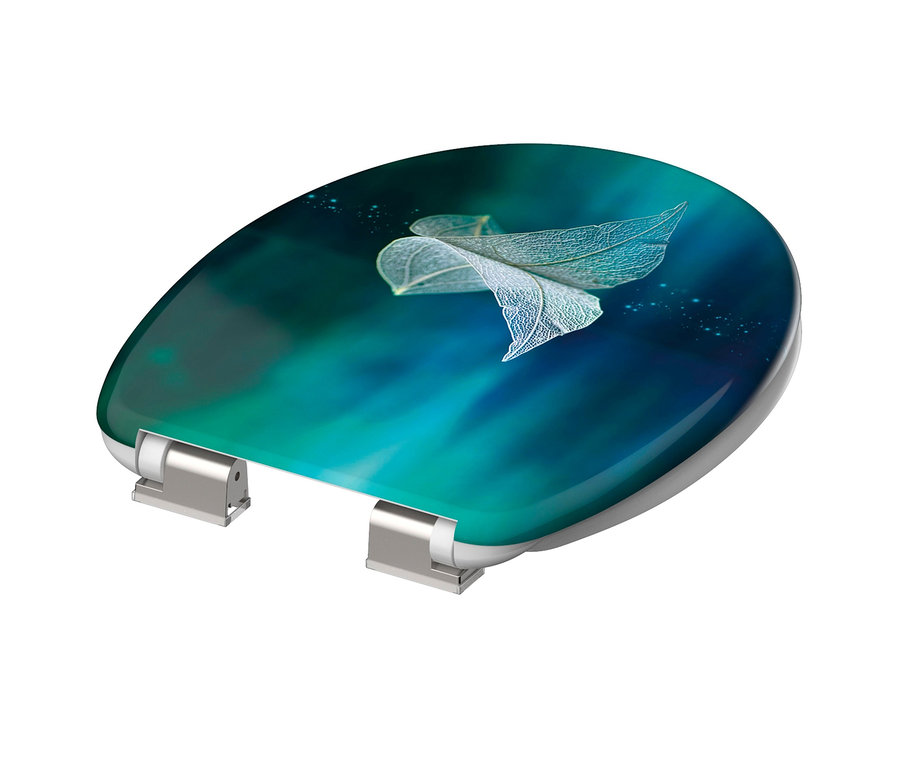 SCHÜTTE Duroplast-WC-Sitz »FALLEN LEAF« mit Blattmotiv auf blaugrünem Hintergrund.