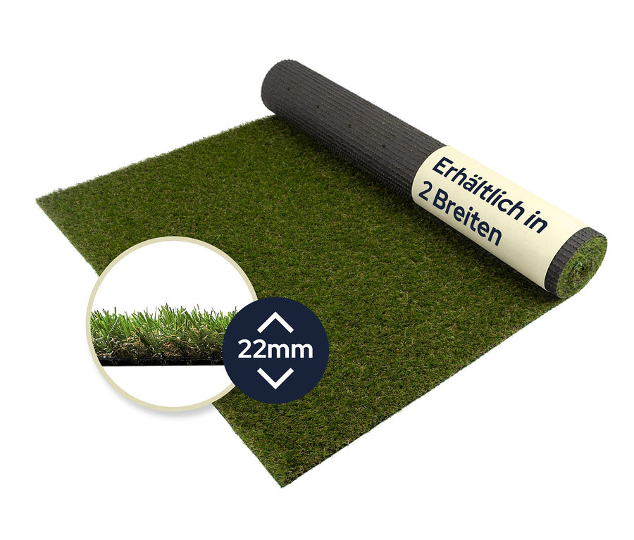 Teilweise ausgerollter Primaflor Kunstrasen "Francis" mit schwarzer Rolle und Beschreibung der Halmhöhe von 22 mm.
