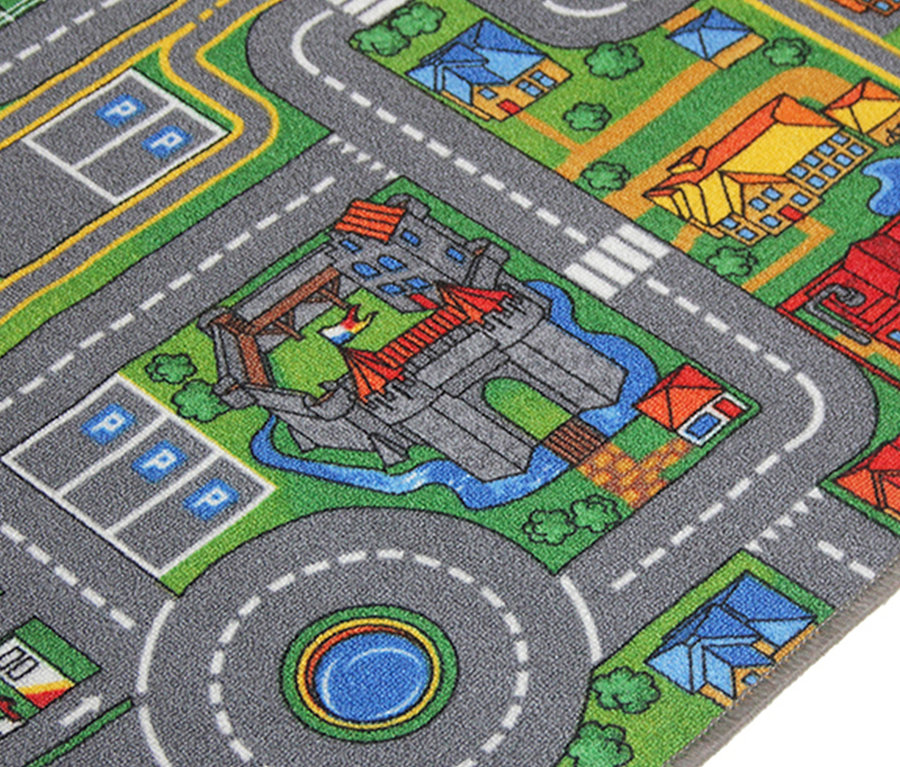 Detailaufnahme des Spielteppichs STREETS mit Stadtmotiv, inklusive Straßen, Gebäuden und Parkplätzen.