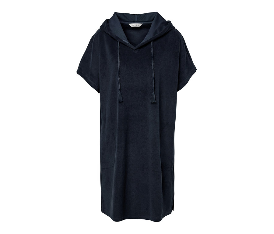 Blaues Frottee-Strandkleid mit Kapuze, kurzen Ärmeln und Kordeln.